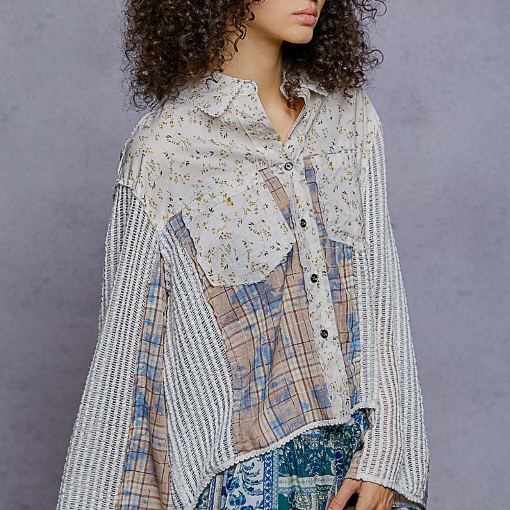 POL Patchwork Floral Plaid Lace Crochet Button Down Boho Top SZ S-M-L